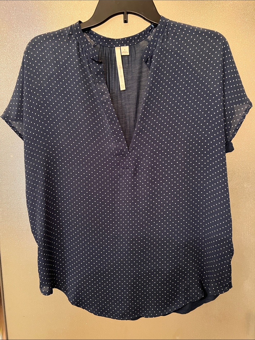 LC Lauren Conrad Navy Polka Dot Split V-Neck Blouse